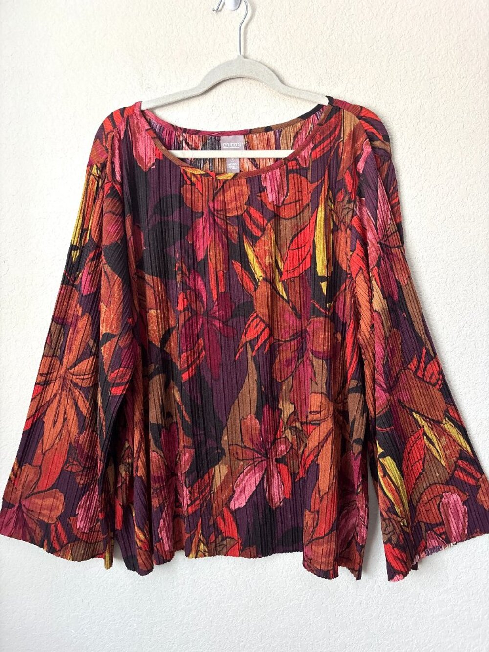 Chico's XL Floral Crinkle Textured Wide Long Sleeve Blouse Top
